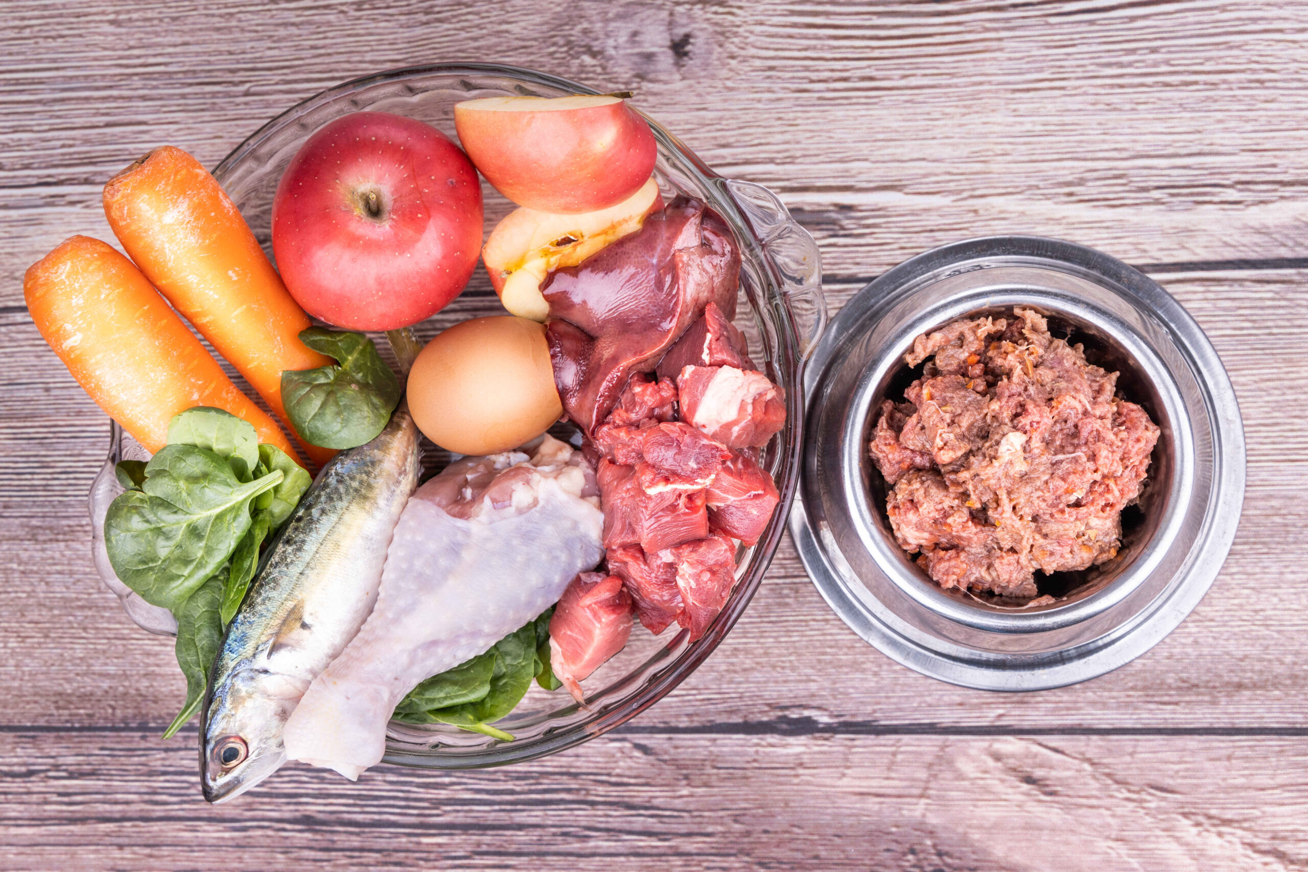 Raw dog food ingredients balanced diet plan meat vegetables egg