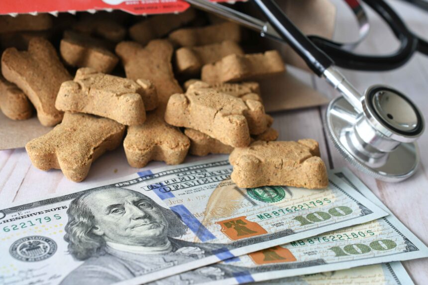Dog treats with money and stethoscope pet food cost and health, affordable dog care tips