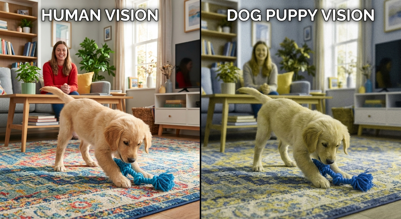 A split-screen image showing a living room scene. The left side, labeled "HUMAN VISION," shows a sharply focused, brightly colored room with a woman watching a golden puppy play with a bright blue rope toy. The right side, labeled "DOG PUPPY VISION," shows the exact same scene but simulated for canine eyesight; it is slightly blurrier and rendered entirely in muted shades of yellow, blue, and gray, with the red and green colors missing.