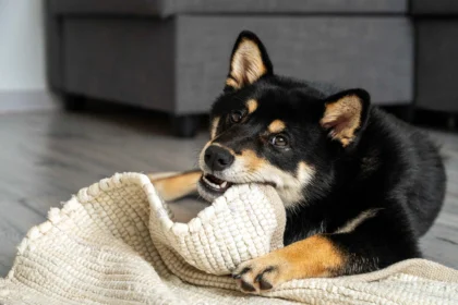 A black Shiba Inu puppy chewing on a rolled-up rug indoors.