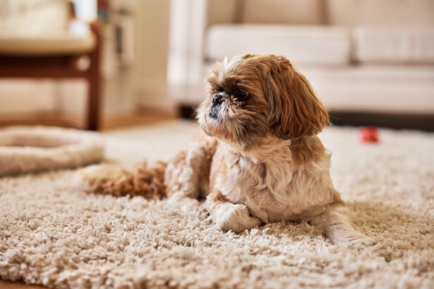 A small Shih Tzu dog lying on a soft beige carpet in a cozy living room, looking to the side.