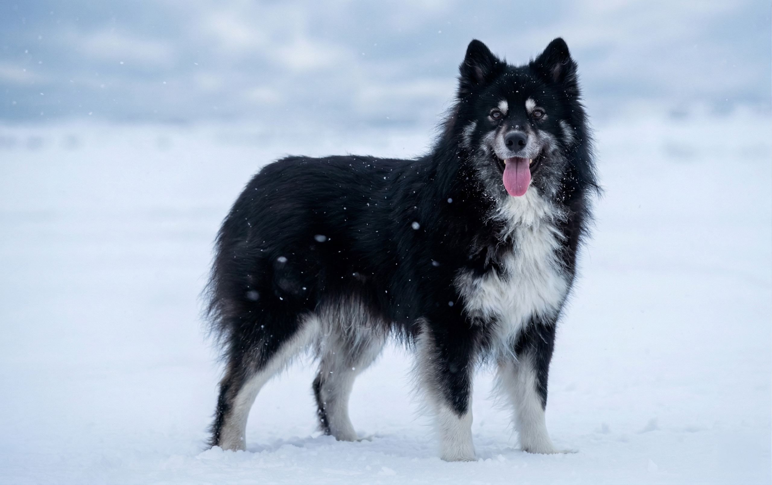 Sakhalin Husky Karafuto Ken dog standing in snow winter