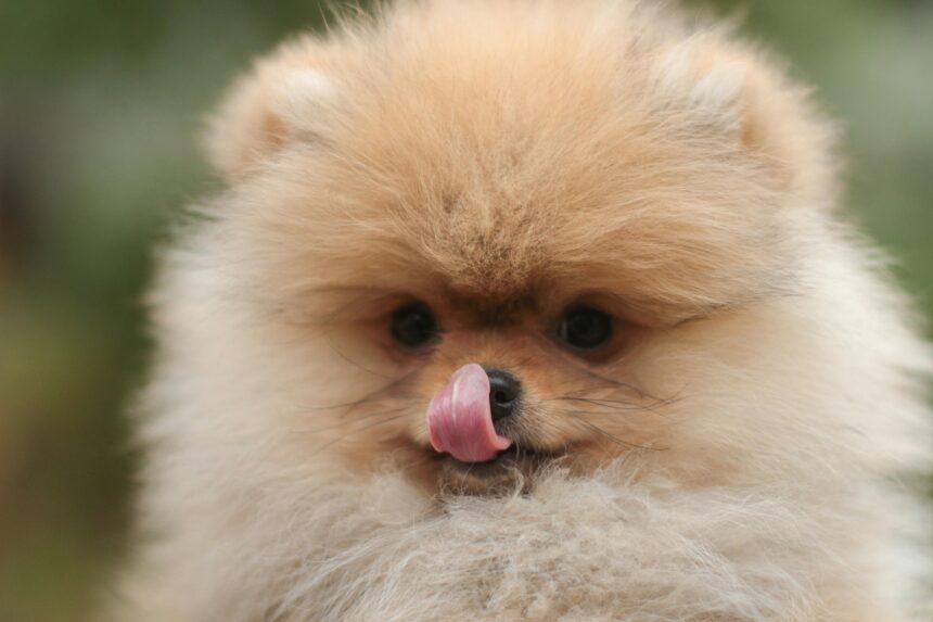 Cute fluffy Pomeranian puppy licking nose close-up