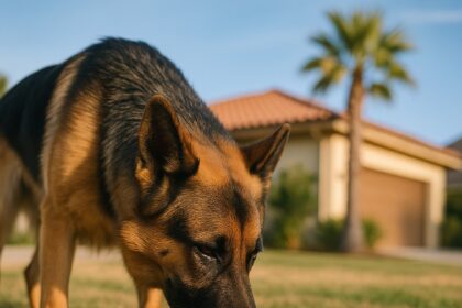 German Shepherd eating healthy raw food bowl balanced diet