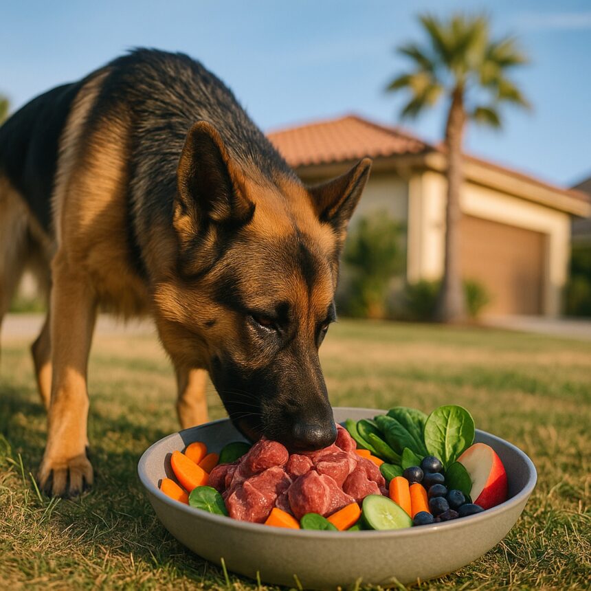 German Shepherd eating healthy raw food bowl balanced diet