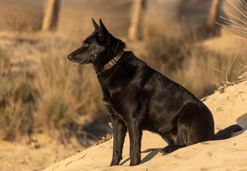 black German Shepherd dog sitting alert outdoors sand