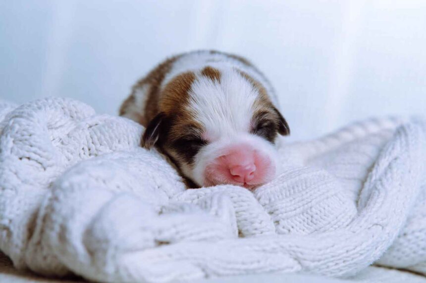 newborn puppy eyes closed pink nose lying on blanket