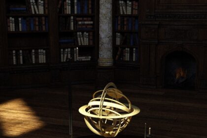 An orange tabby cat sitting under an ornate brass armillary sphere in a dark library with bookshelves