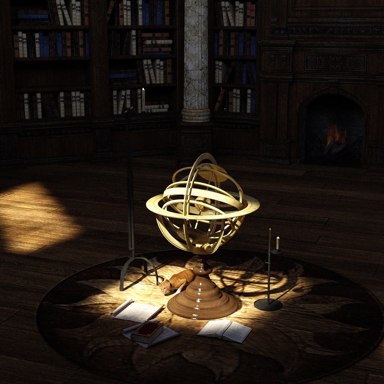 An orange tabby cat sitting under an ornate brass armillary sphere in a dark library with bookshelves