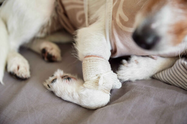 Dog with bandaged paw resting after injury treatment